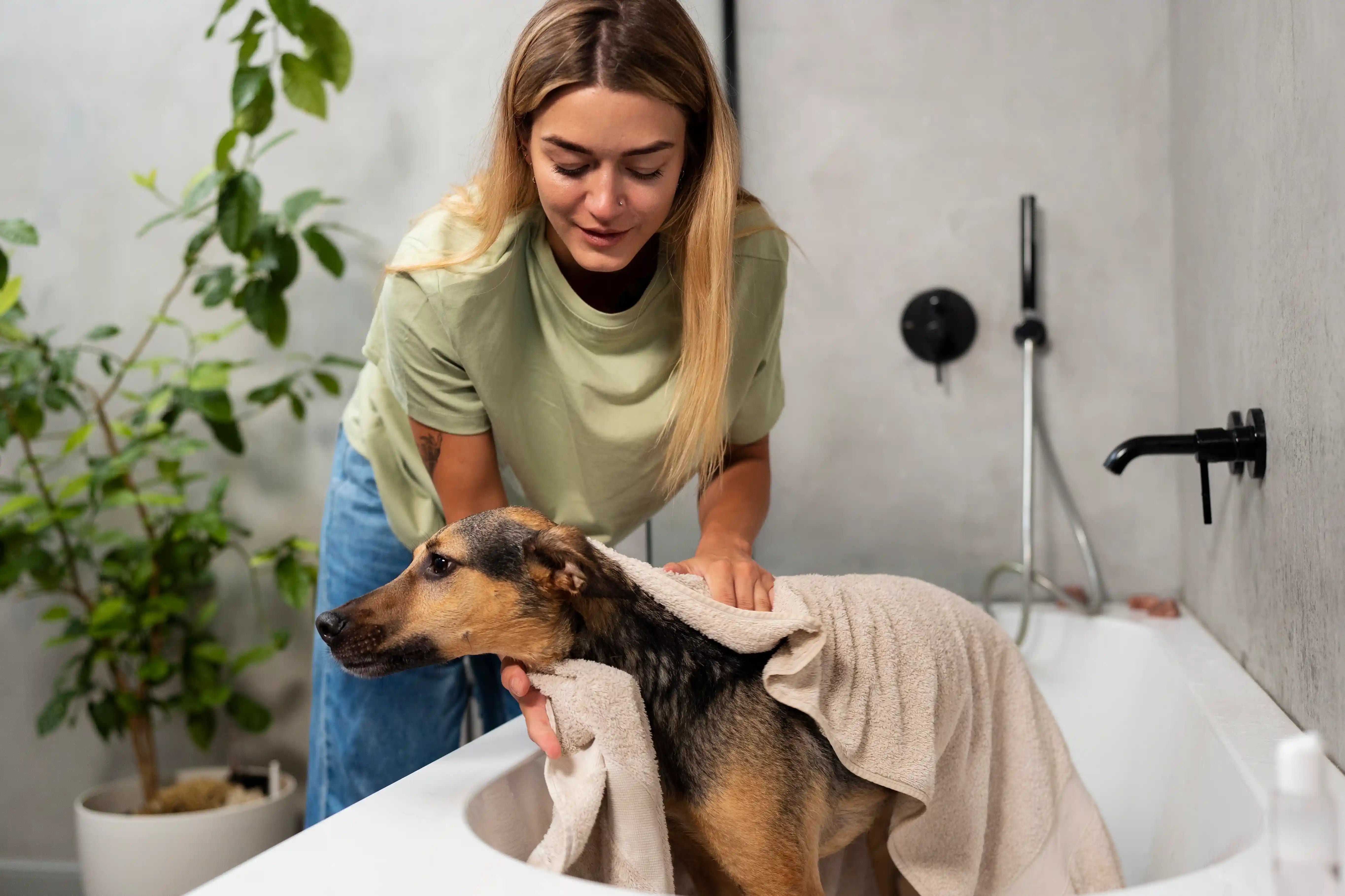 Woman giving a dog a bath